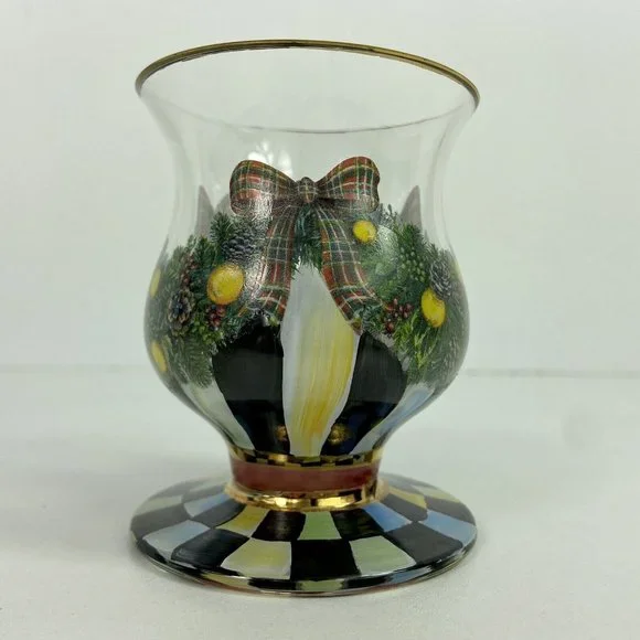 Mackenzie-Childs Evergreen Painted Glass Water Goblet Footed Dessert Christmas - Picture 3 of 7